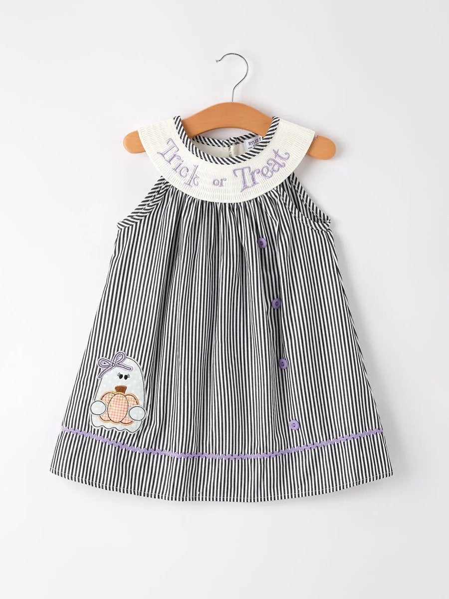 Rylee Faith Designs Adorable Striped Halloween Smock Dress with Trick Or Treat Embroidery for Baby Girls - 