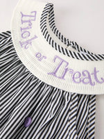 Rylee Faith Designs Adorable Striped Halloween Smock Dress with Trick Or Treat Embroidery for Baby Girls - 