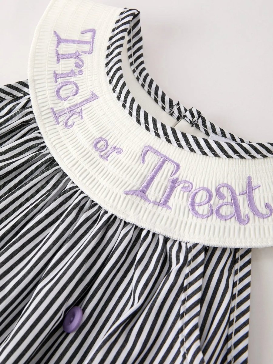 Rylee Faith Designs Adorable Striped Halloween Smock Dress with Trick Or Treat Embroidery for Baby Girls - 