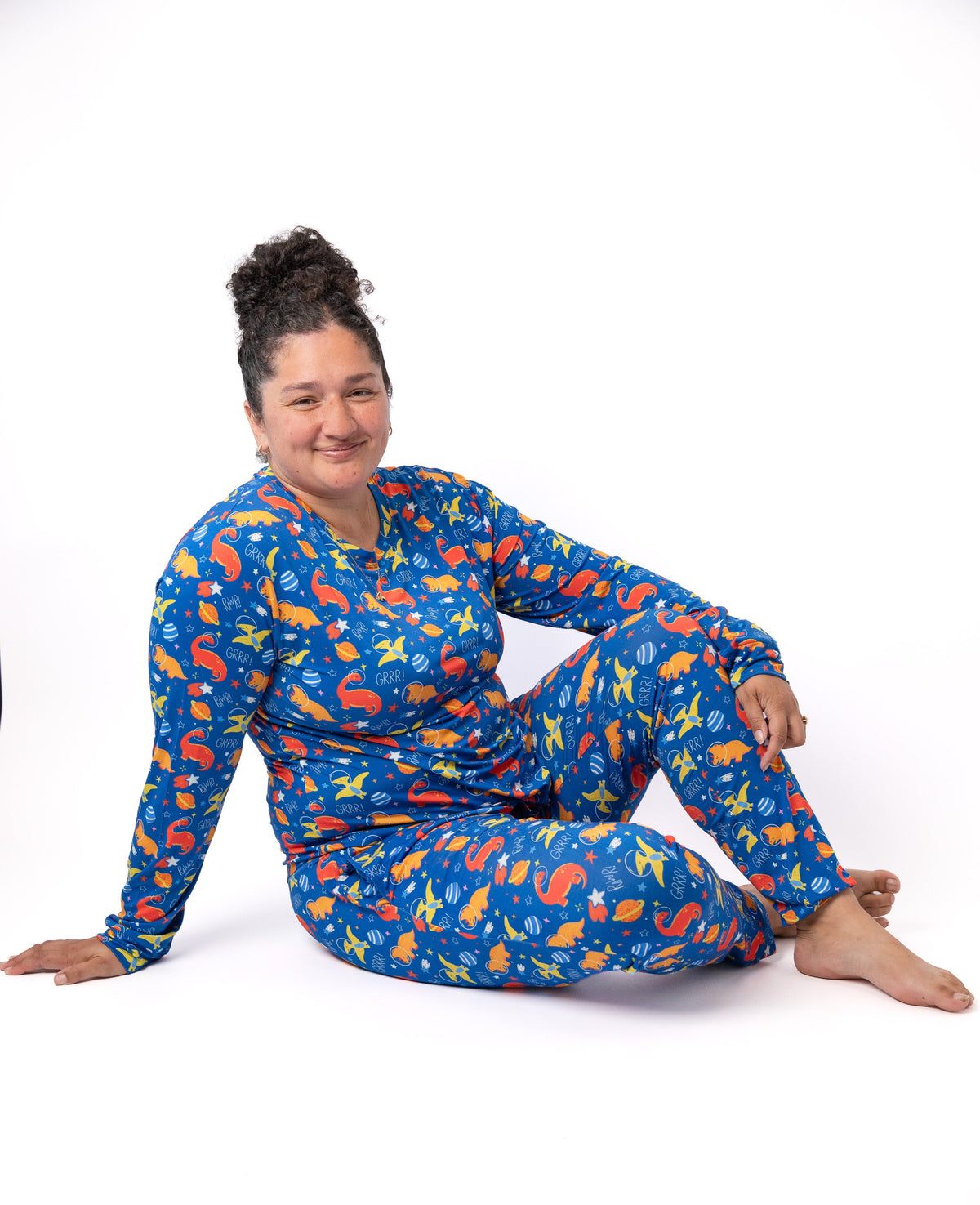 Electric Blue Space Dinosaur Bamboo Mommy & Me Pajamas by Rayn’s Tiny Stitches