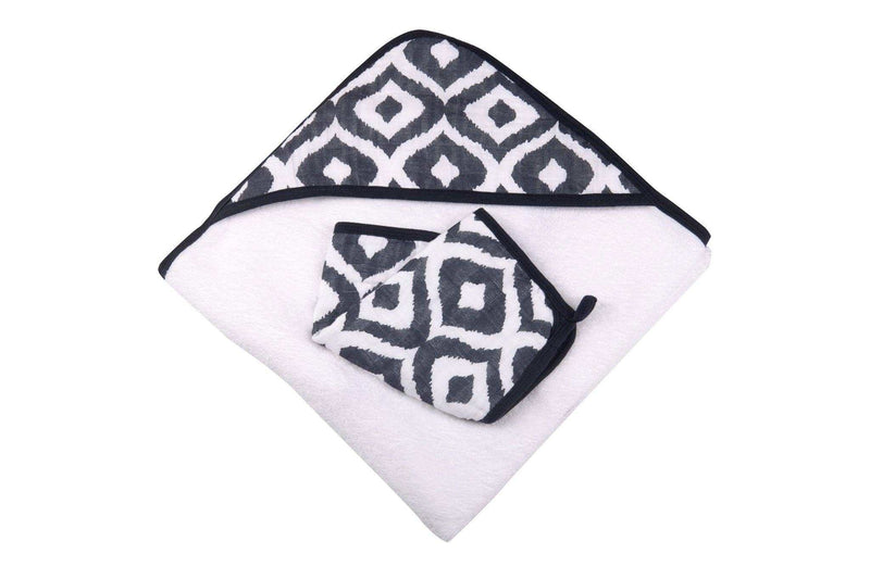 Moroccan Blue Cotton Hooded Towel and Washcloth Set with geometric design.