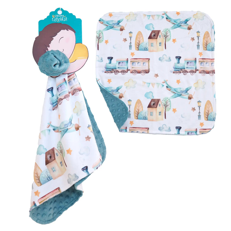 Mini Minky blanket with airplane and train design, perfect size for toddlers, made with soft 100% Minky fabric.