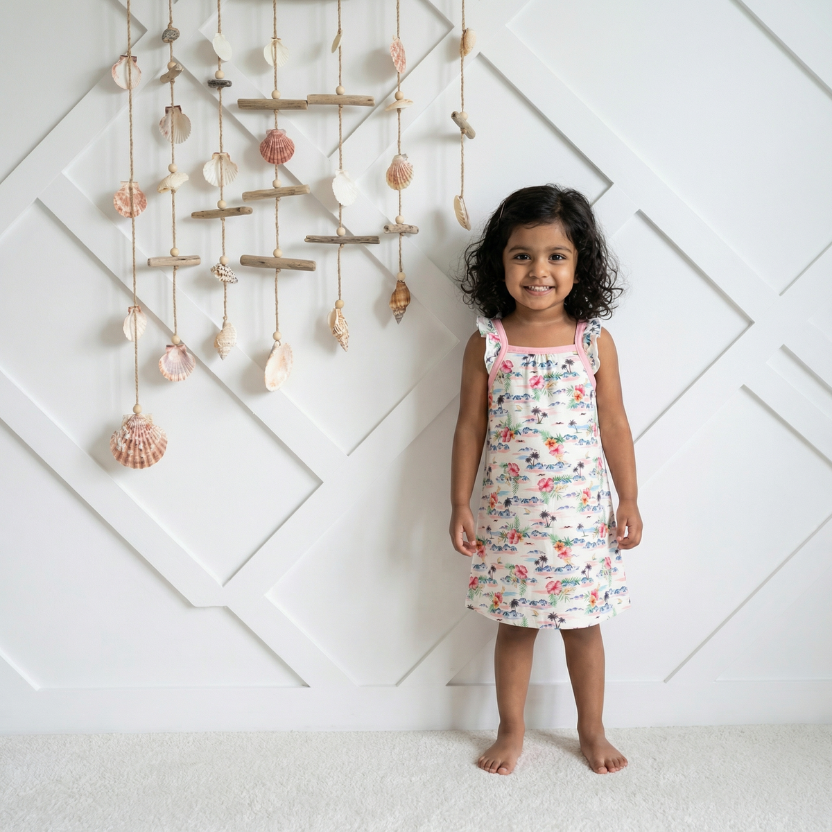 Flutter sleeve dress in an Aloha print, made from bamboo viscose blend fabric