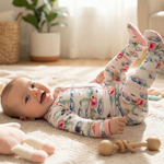 Baby footie pajamas in Aloha print with a full-length two-way zipper and covered feet