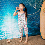 Toddler jumpsuit in an Aloha print with pockets, made from bamboo and spandex blend fabric