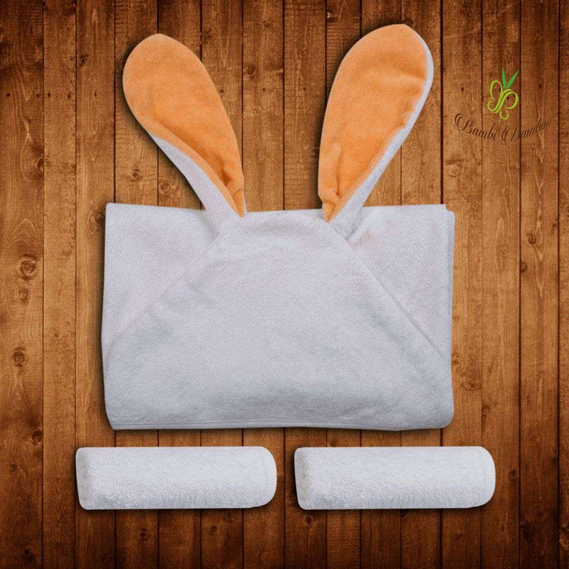 Amber Bunny Hooded Towel and Washcloths set with orange bunny ears, perfect for newborns.