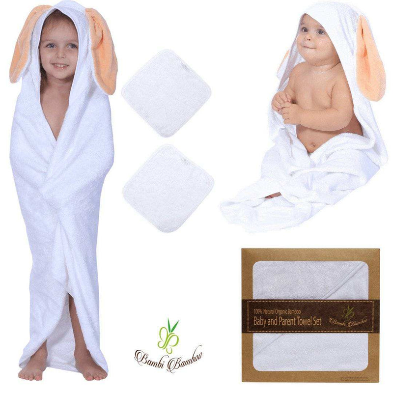 Amber Bunny Hooded Towel and Washcloths set made from organic bamboo with hypoallergenic features.