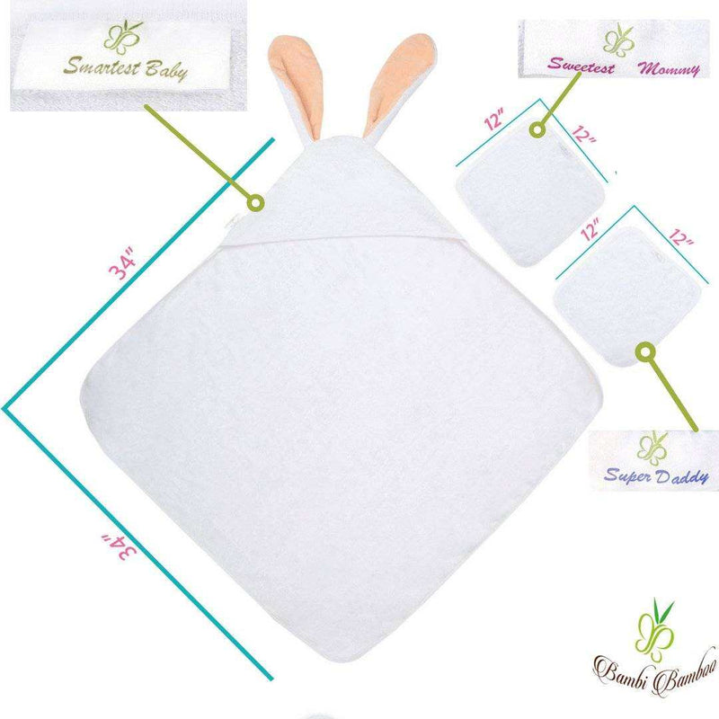 Amber Bunny Hooded Towel & Washcloths set with bunny ears, made from organic bamboo.