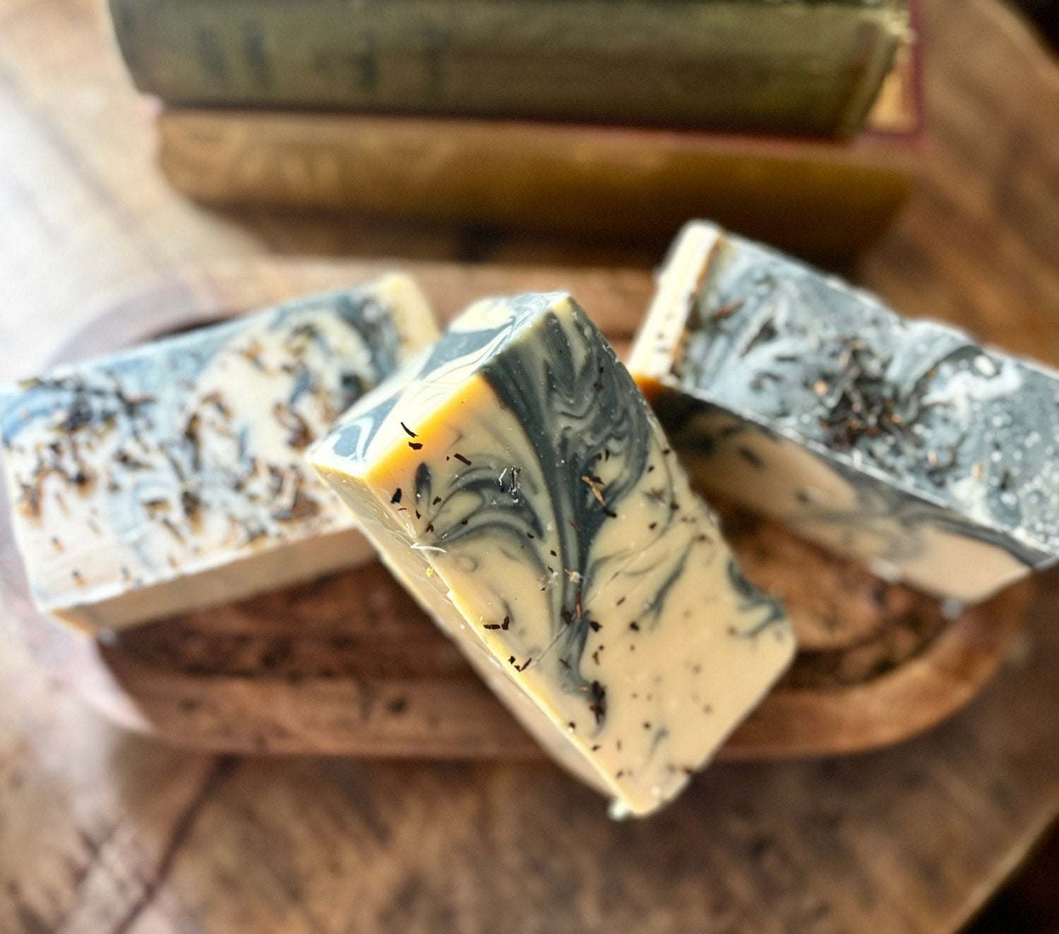 Amber Harvest handmade soap bar sprinkled with black tea, made with organic oils and butters