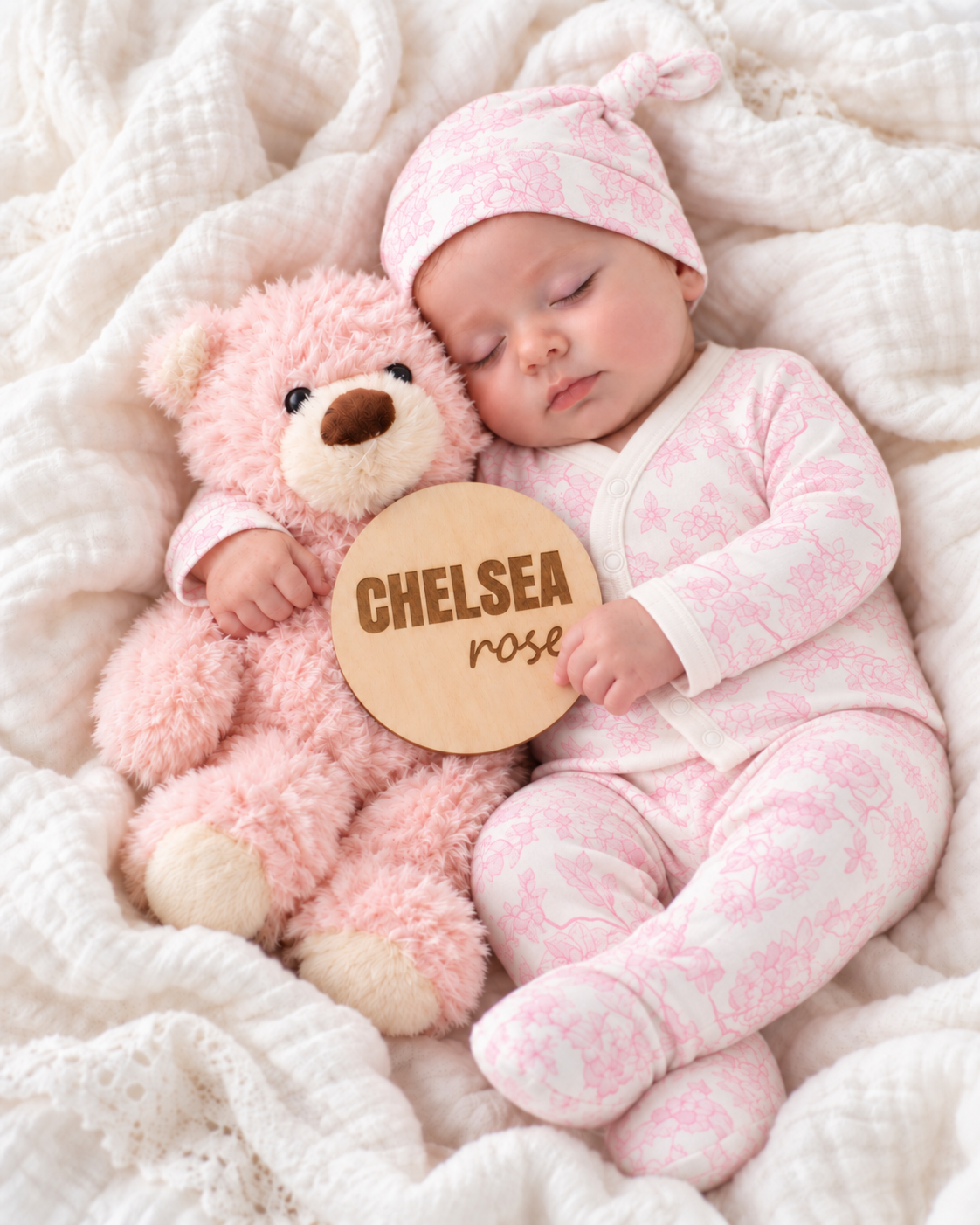 Three-piece newborn set with long sleeve wrap top, footed pants and matching top knot hat
