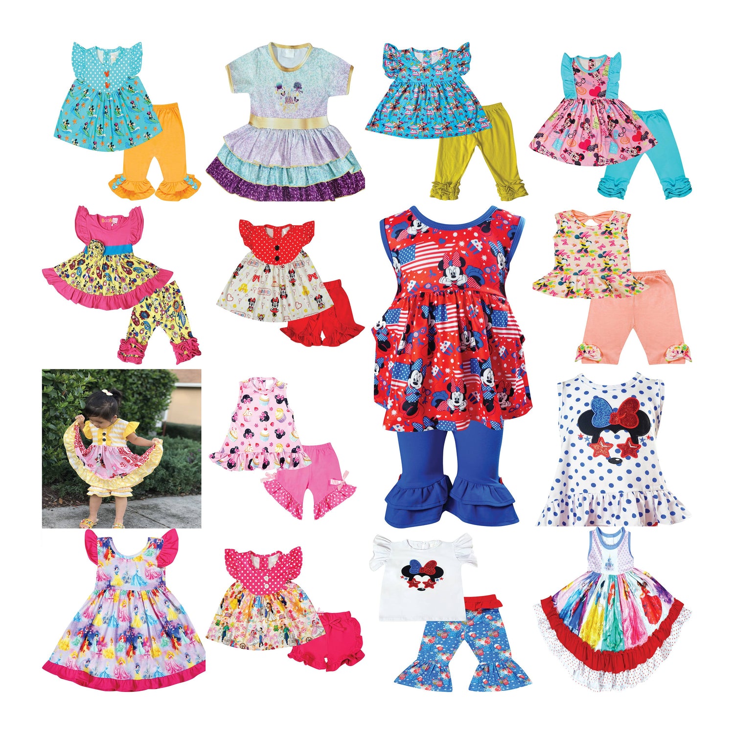 Assorted kids princess-themed outfits from Amor Babee spring and summer bulk lot in mixed styles and colors