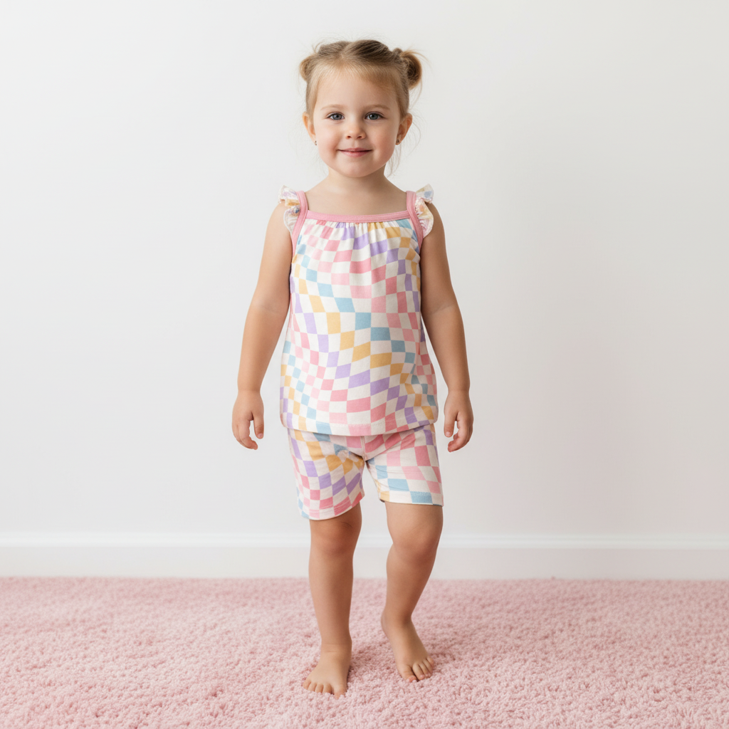 Toddler tank top and shorts set in a pastel check pattern with flutter sleeves.