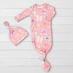 Baby knot gown and matching hat in a twinkle-tie print with fold-over mittens on the sleeves