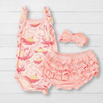Blush pink floral baby set with ruffle-backed bloomer, matching bodysuit, and headband