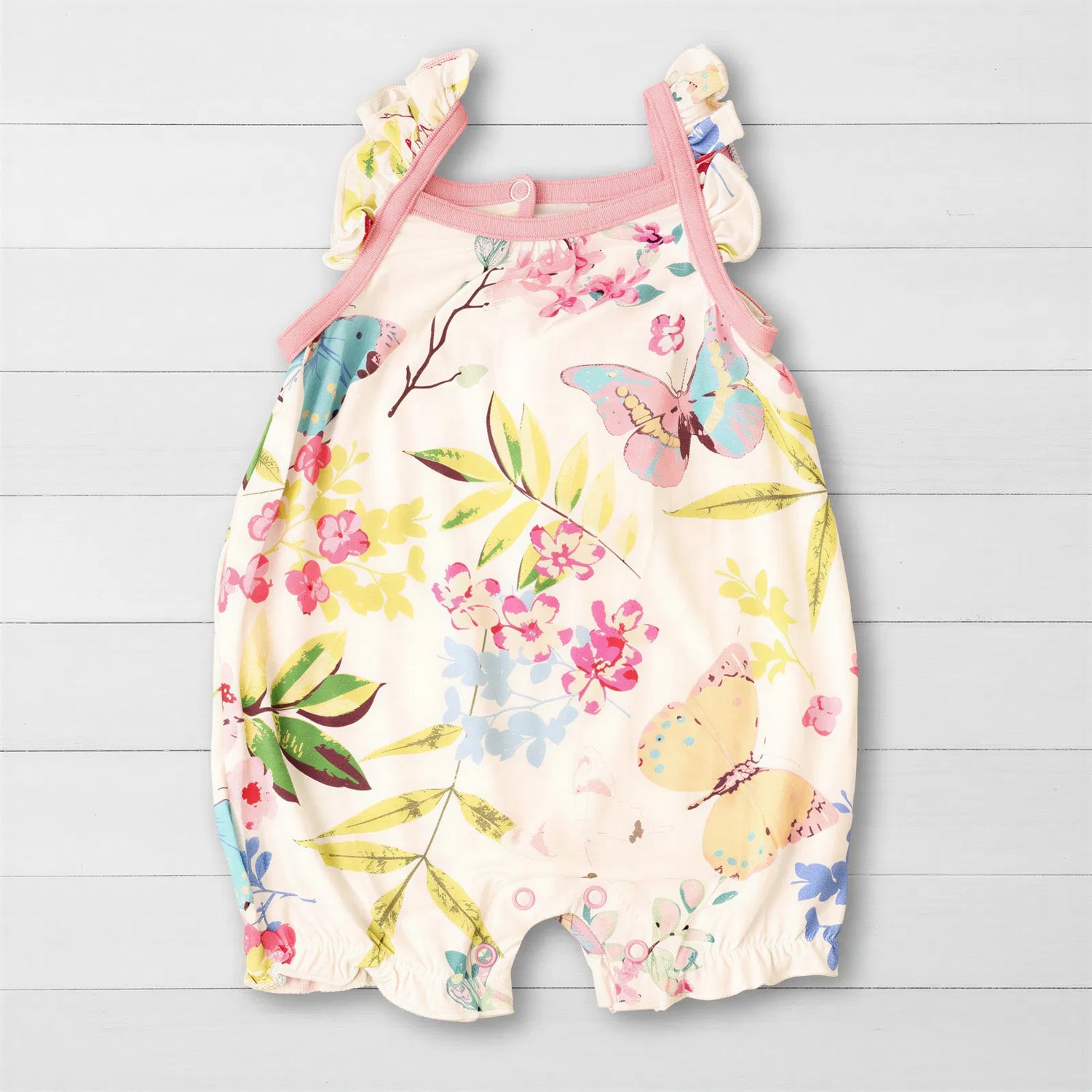 Flutter sleeve bubble romper with snaps along the legs for babies