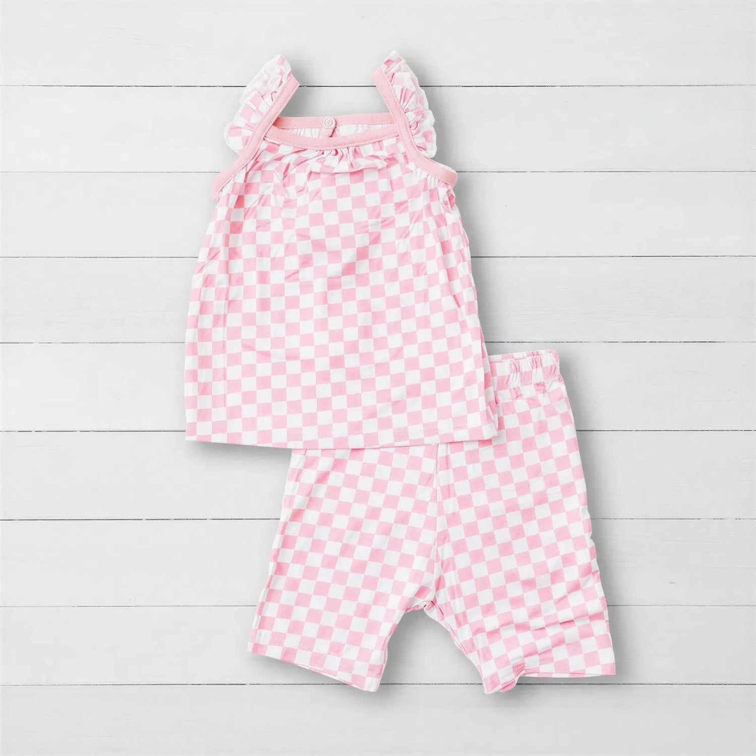 Pink Checks Bamboo Two-Piece Set, Flutter Tank & Shorts