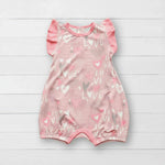 Pink flutter sleeve baby romper with short ruffled sleeves and snaps along the legs