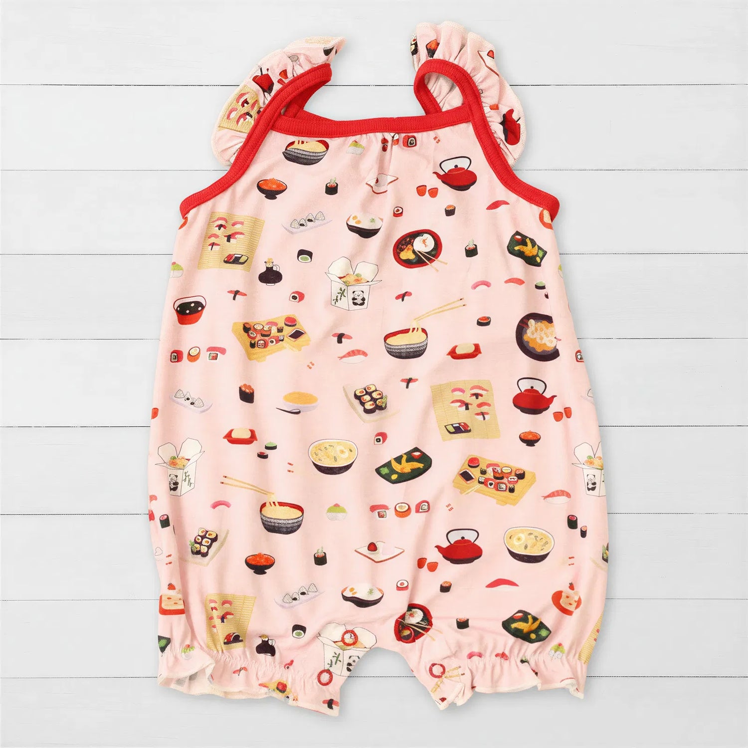 Baby bubble romper with flutter sleeves in a sushi and ramen print, with snaps along the legs.