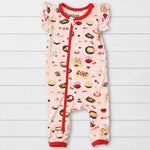 Pink flutter-sleeve baby romper with a sushi-themed print and dual zippers down the front and leg.