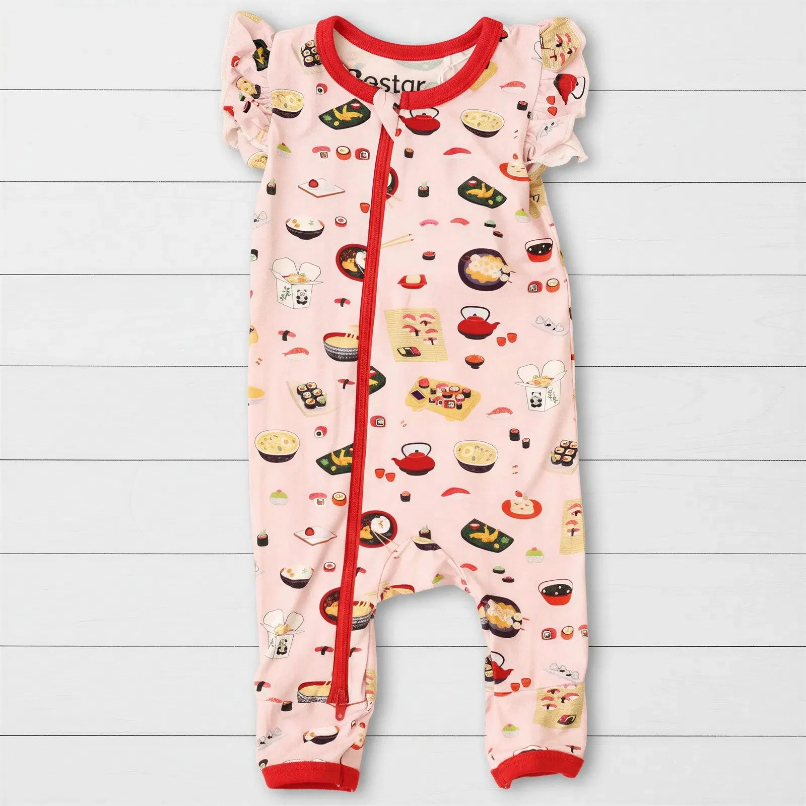 Pink flutter-sleeve baby romper with a sushi-themed print and dual zippers down the front and leg.