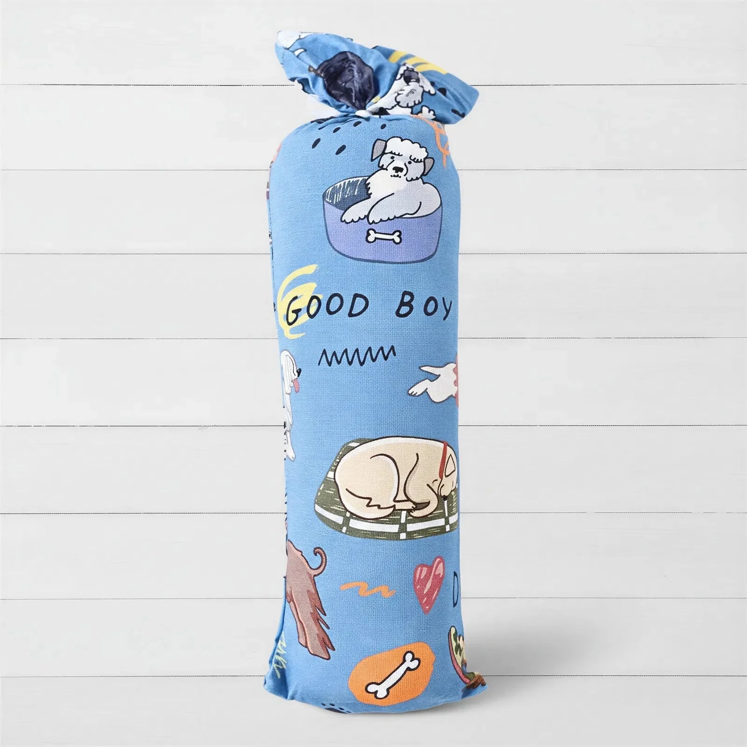Blue swaddle blanket with a repeating puppy print pattern, laid flat and square