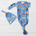 Blue baby gown and matching hat with puppy print, knotted bottom and fold-over mittens