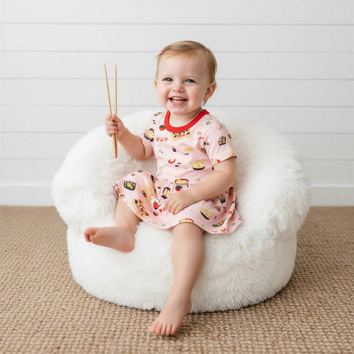 Baby bodysuit dress with short sleeves and a cute miso-themed print, snaps at the inseam