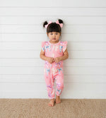 Flutter sleeve romper in pink Twinkle Ties print with dual front zippers