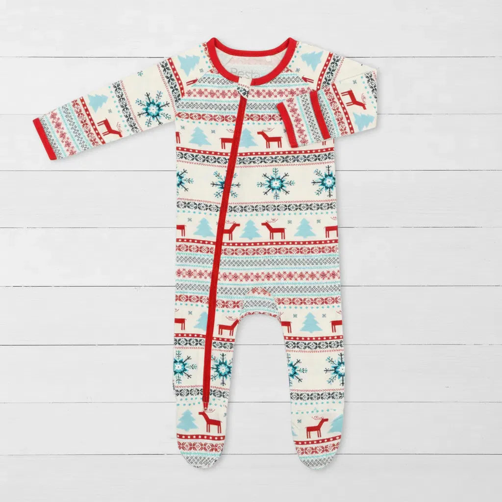 Blue baby footie with a holiday reindeer print, full-length zipper, and covered feet.