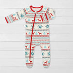 Blue baby footie with a holiday reindeer print, full-length zipper, and covered feet.