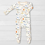 World Traveler print bamboo footie pajamas with a full-length two-way zipper and footed legs