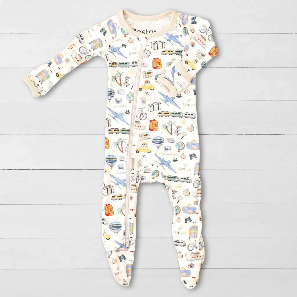 World Traveler print bamboo footie pajamas with a full-length two-way zipper and footed legs
