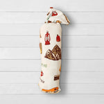 Camping-print baby swaddle blanket with an outdoor design, shown spread flat as a large square