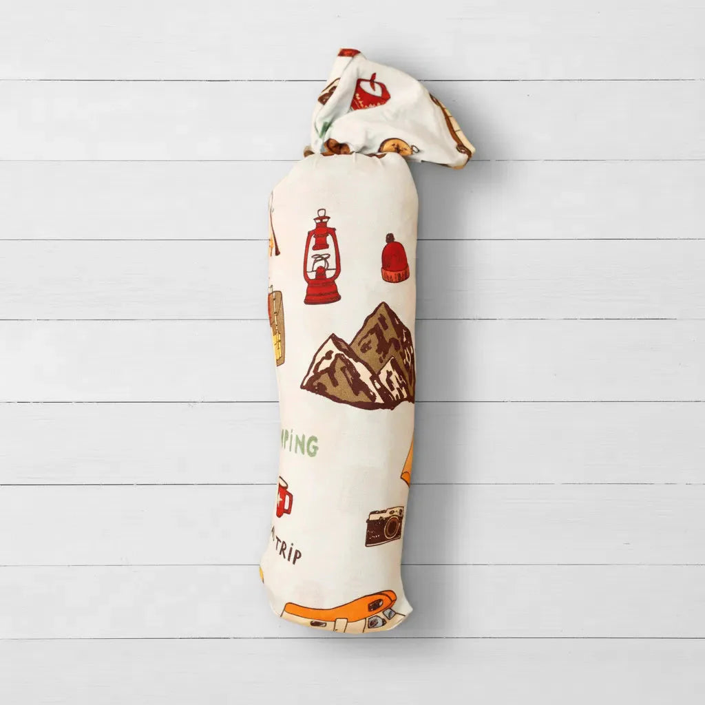 Camping-print baby swaddle blanket with an outdoor design, shown spread flat as a large square