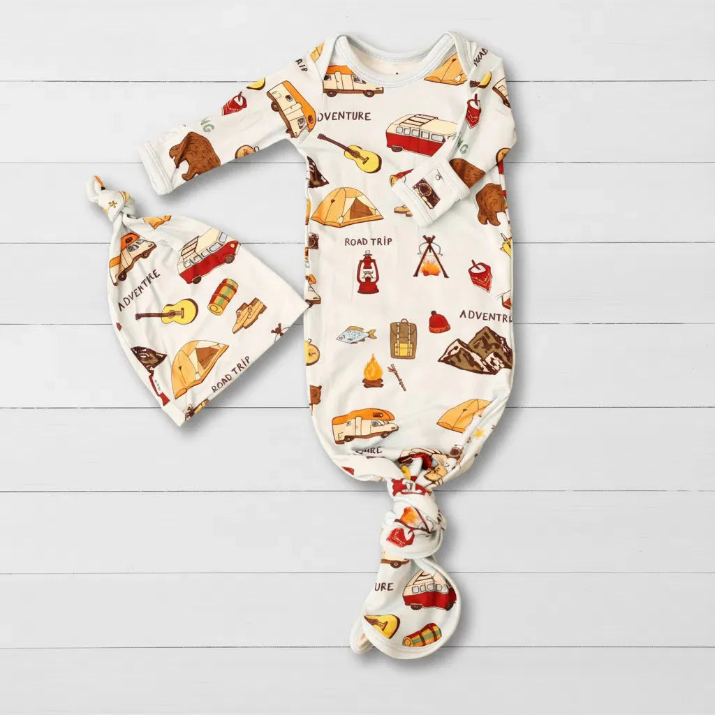 Baby gown and matching hat in a camping print with fold-over mittens and a knotted bottom
