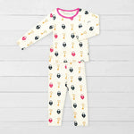 Two-piece baby pajama set with pink key-to-my-heart print, long-sleeve top and matching pants