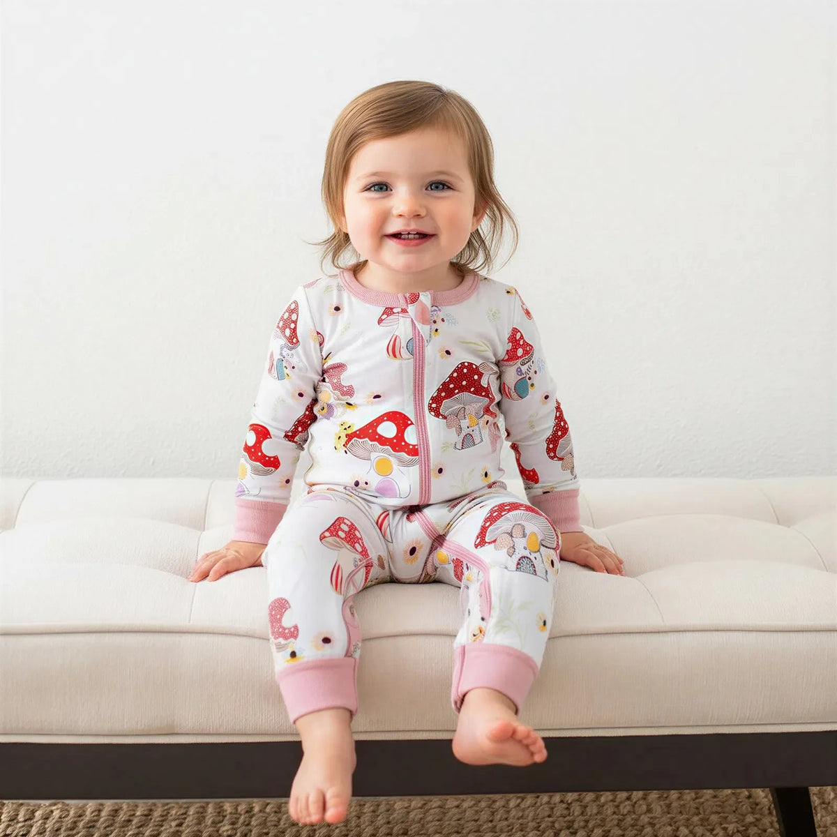 Baby convertible coverall in a floral and mushroom print with a full-length two-way zipper
