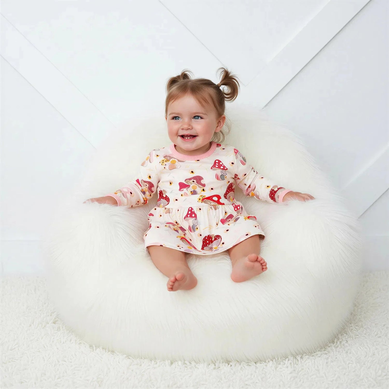 Baby bodysuit dress with long sleeves and a floral mushroom print pattern