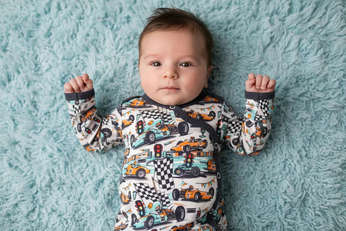 Baby convertible gown and matching hat in the Apex Dreams print, with fold-over mitten cuffs.