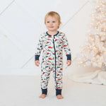 Convertible baby coverall in a festive Holiday Haul print with a full-length front zipper and footed legs