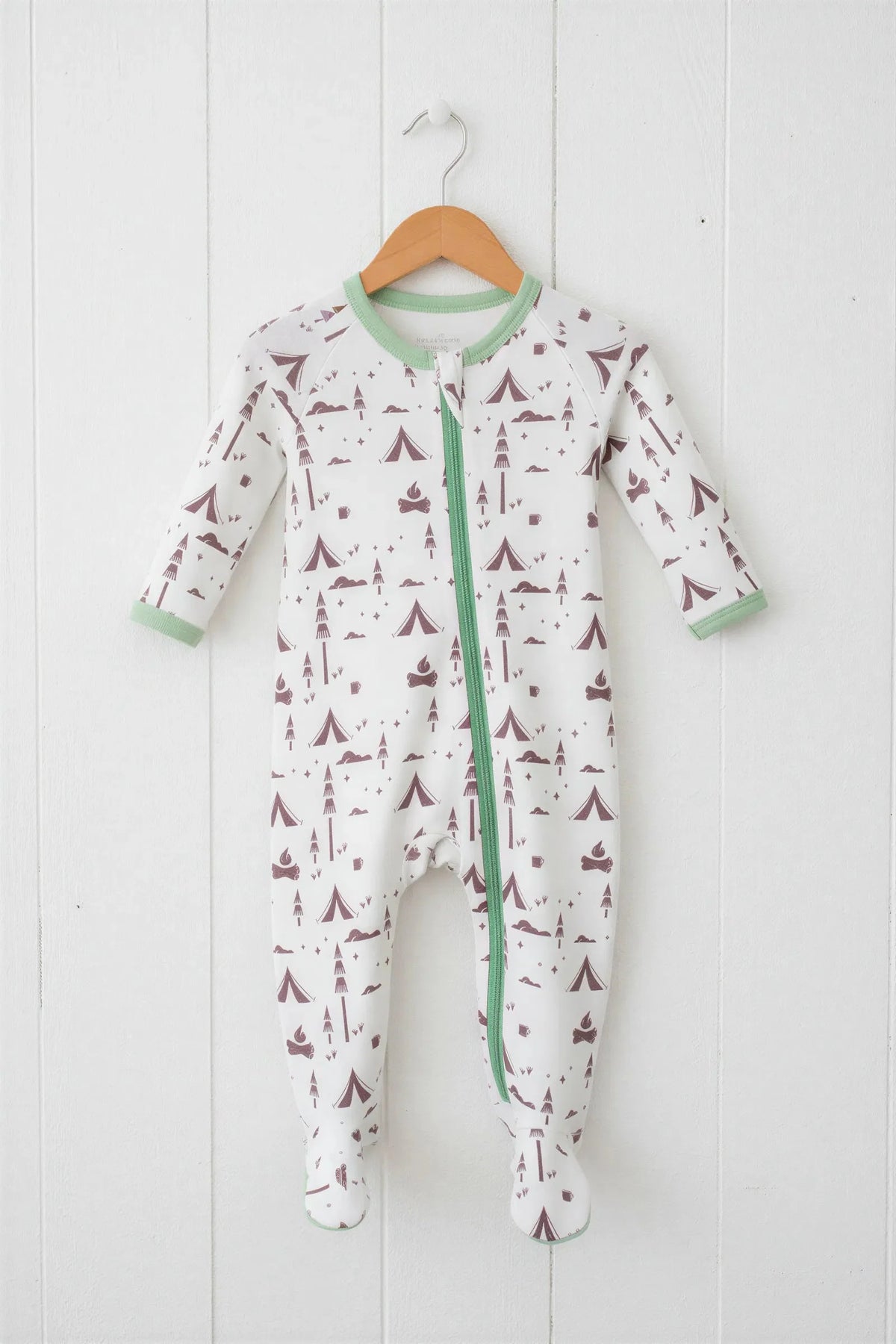 Baby footie pajamas with a full-length two-way front zipper and covered feet