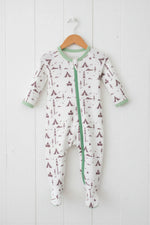 Baby footie pajamas with a full-length two-way front zipper and covered feet