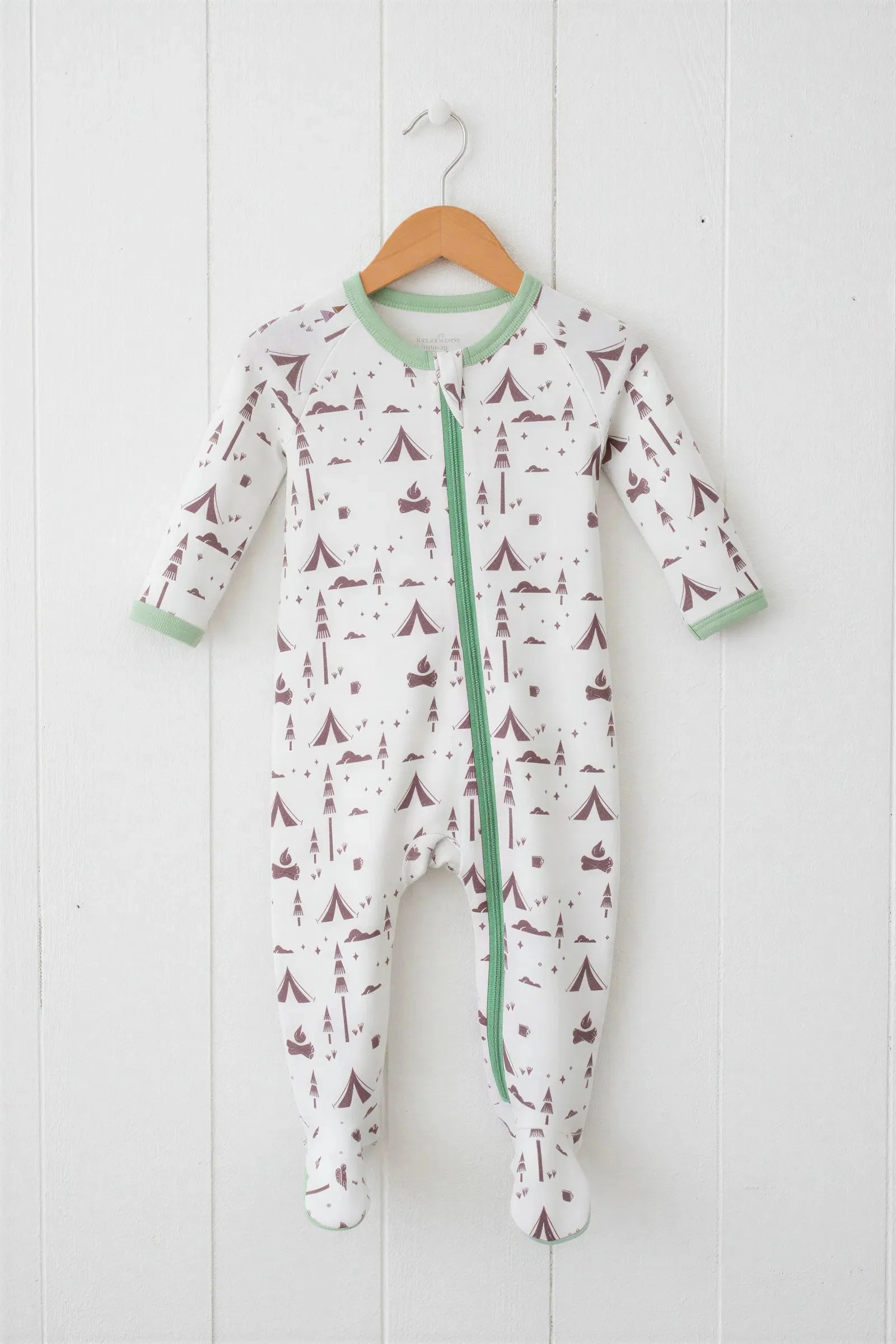 Baby footie pajamas with a full-length two-way front zipper and covered feet