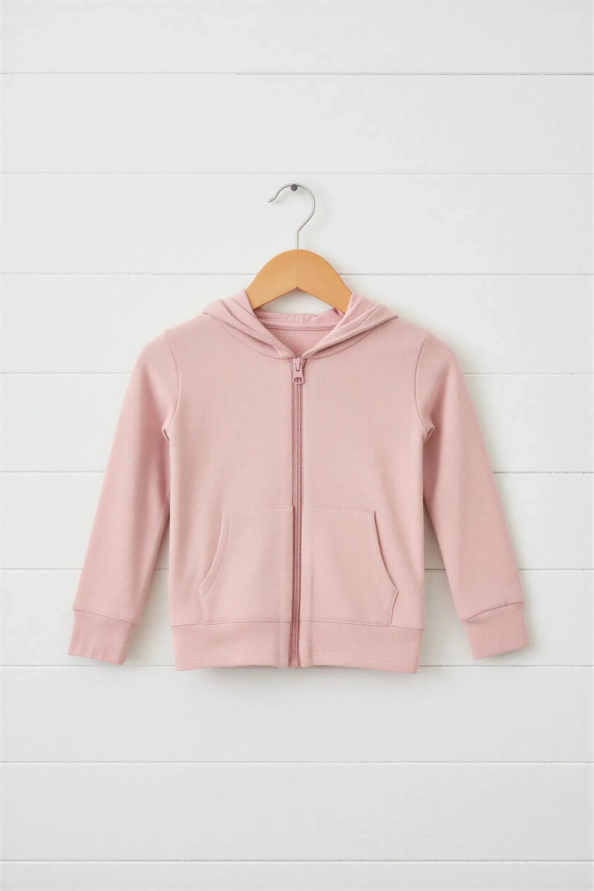 Blush pink zip-up hoodie with hood and front kangaroo pocket for a baby or toddler