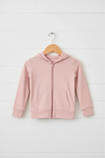 Blush pink zip-up hoodie with hood and front kangaroo pocket for a baby or toddler