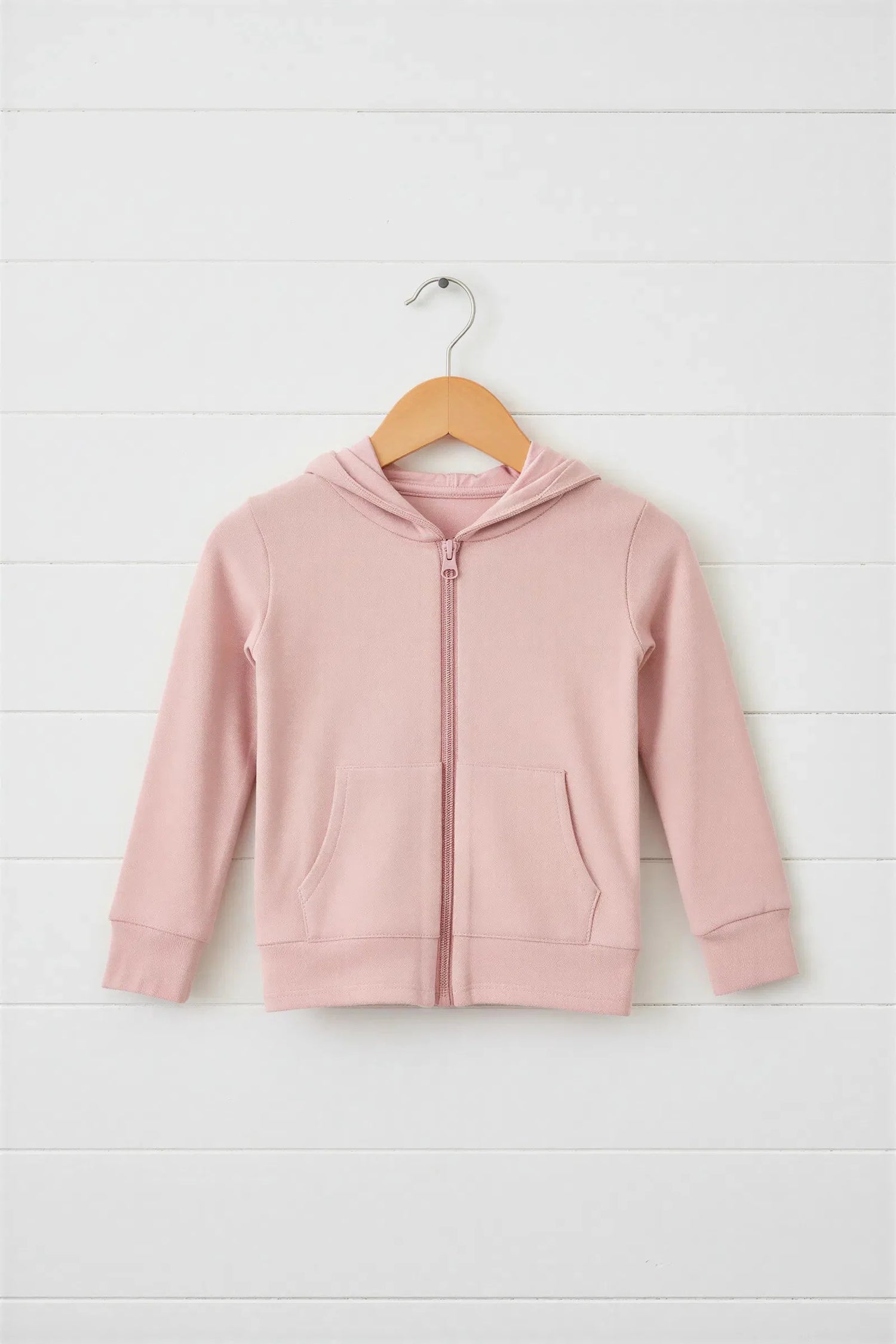 Blush pink zip-up hoodie with hood and front kangaroo pocket for a baby or toddler