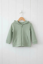 Sage green zippered baby hoodie with a lined hood and front kangaroo pocket.
