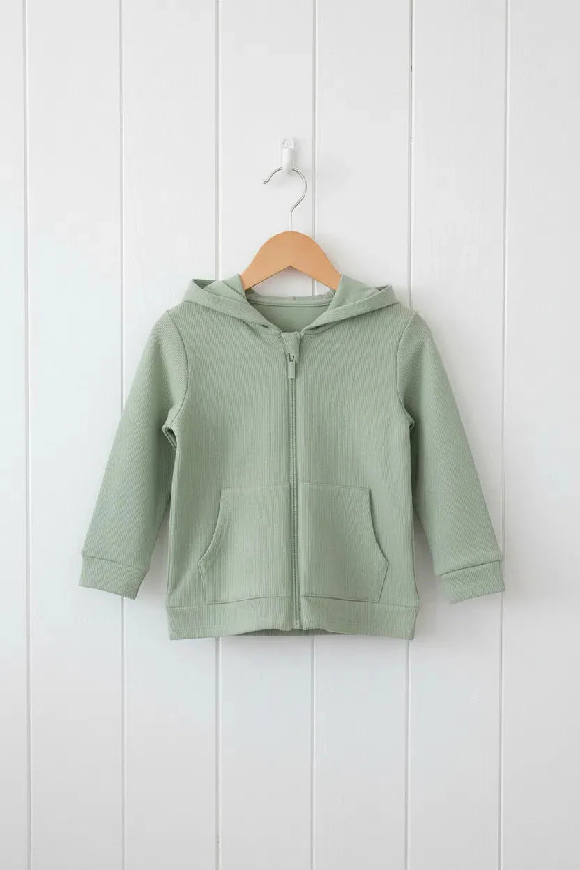 Sage green zippered baby hoodie with a lined hood and front kangaroo pocket.