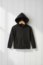 Midnight dark zip-up baby hoodie with a lined hood and front kangaroo pockets, relaxed fit
