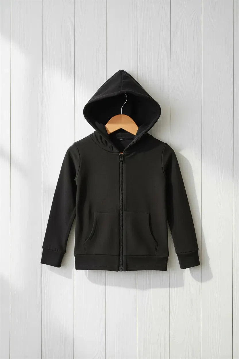 Midnight dark zip-up baby hoodie with a lined hood and front kangaroo pockets, relaxed fit